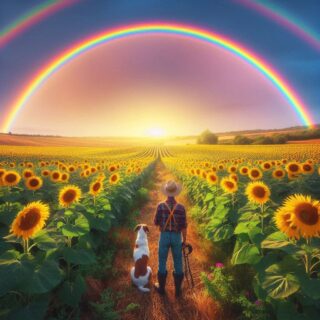 a rainbow over a sunflower farm