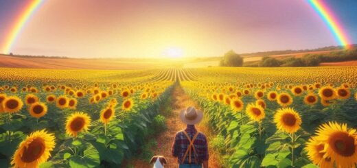 a rainbow over a sunflower farm