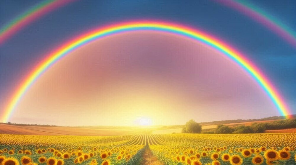 a rainbow formed over a sunflower farm